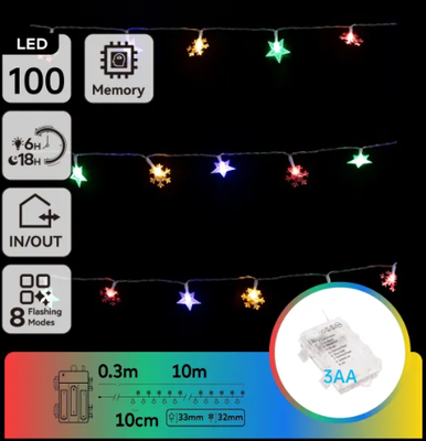 Tira Luz Navidad Estrellas y Copos de Nieve con Pilas 10 Mt